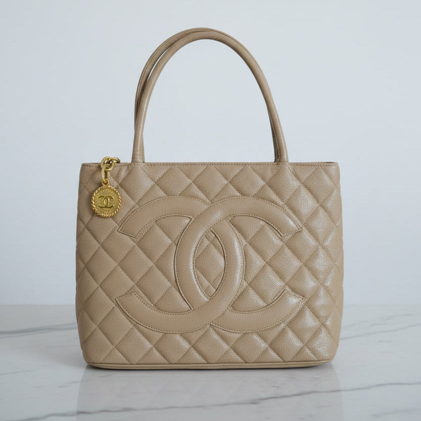Chanel Beige Quilted Caviar Leather Tote Bag