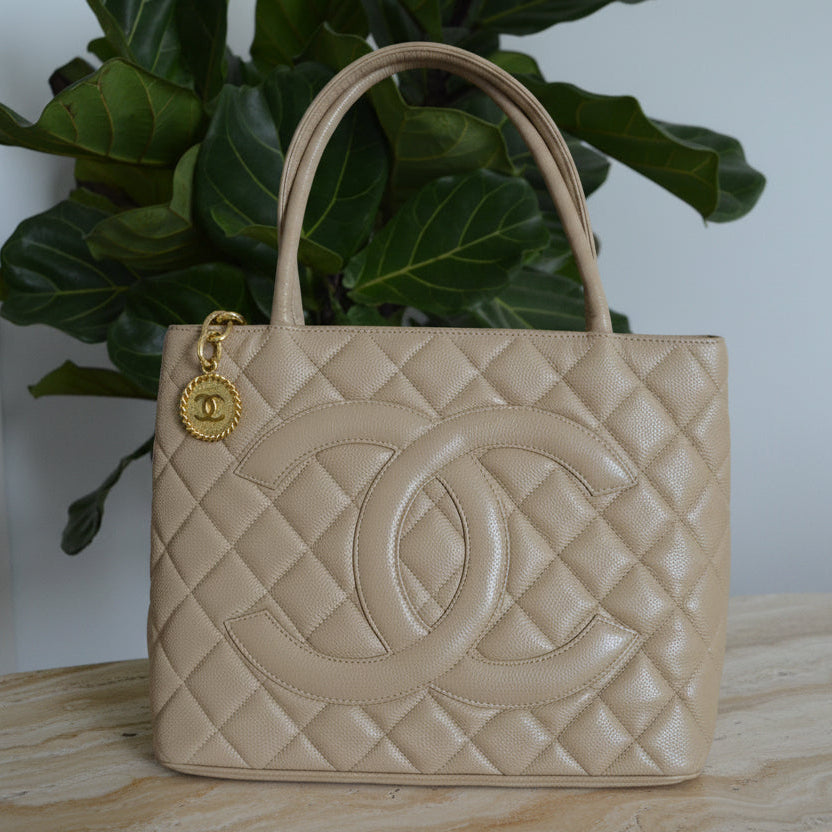 Chanel Beige Quilted Caviar Leather Tote Bag