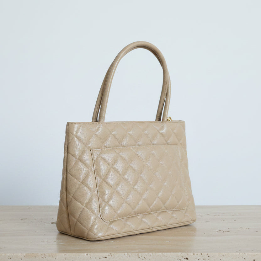 Chanel Beige Quilted Caviar Leather Tote Bag