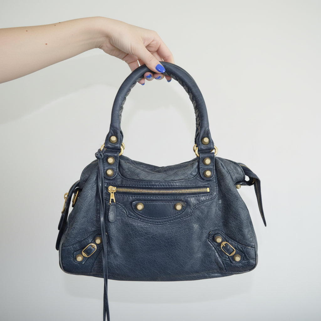 Balenciaga Navy Leather City Bag with Mirror